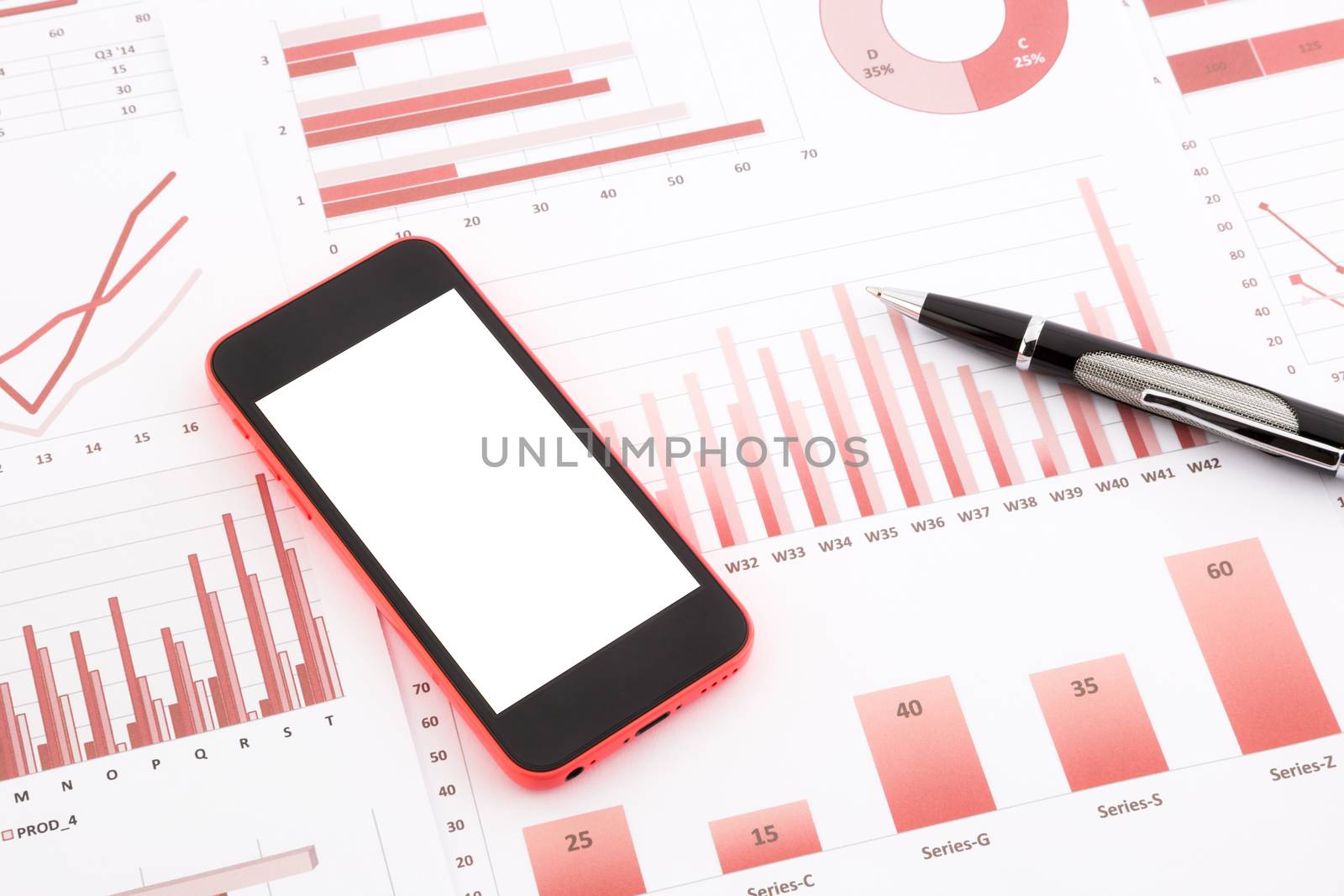blank mobile phone  on red graphs, charts , data and business report summarizing background, concept for marketing research, management project and financial planning