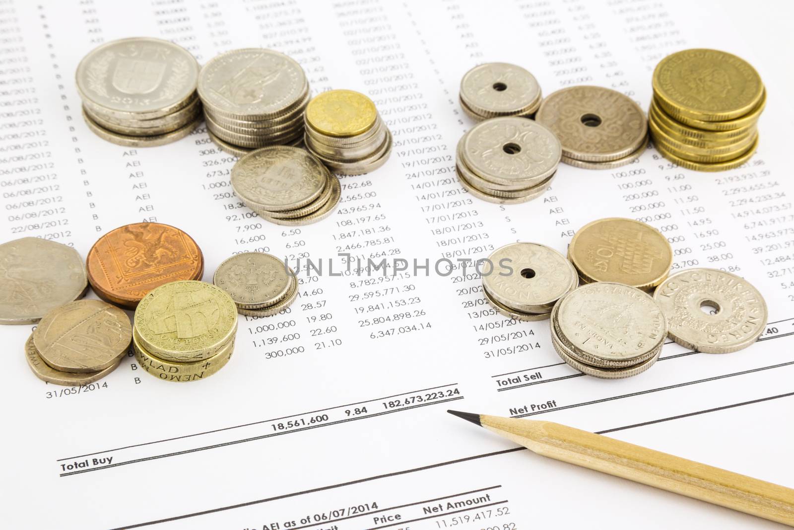 stack of world coins on funding account summarizing, concept of debt, expend, investment  and money saving plan