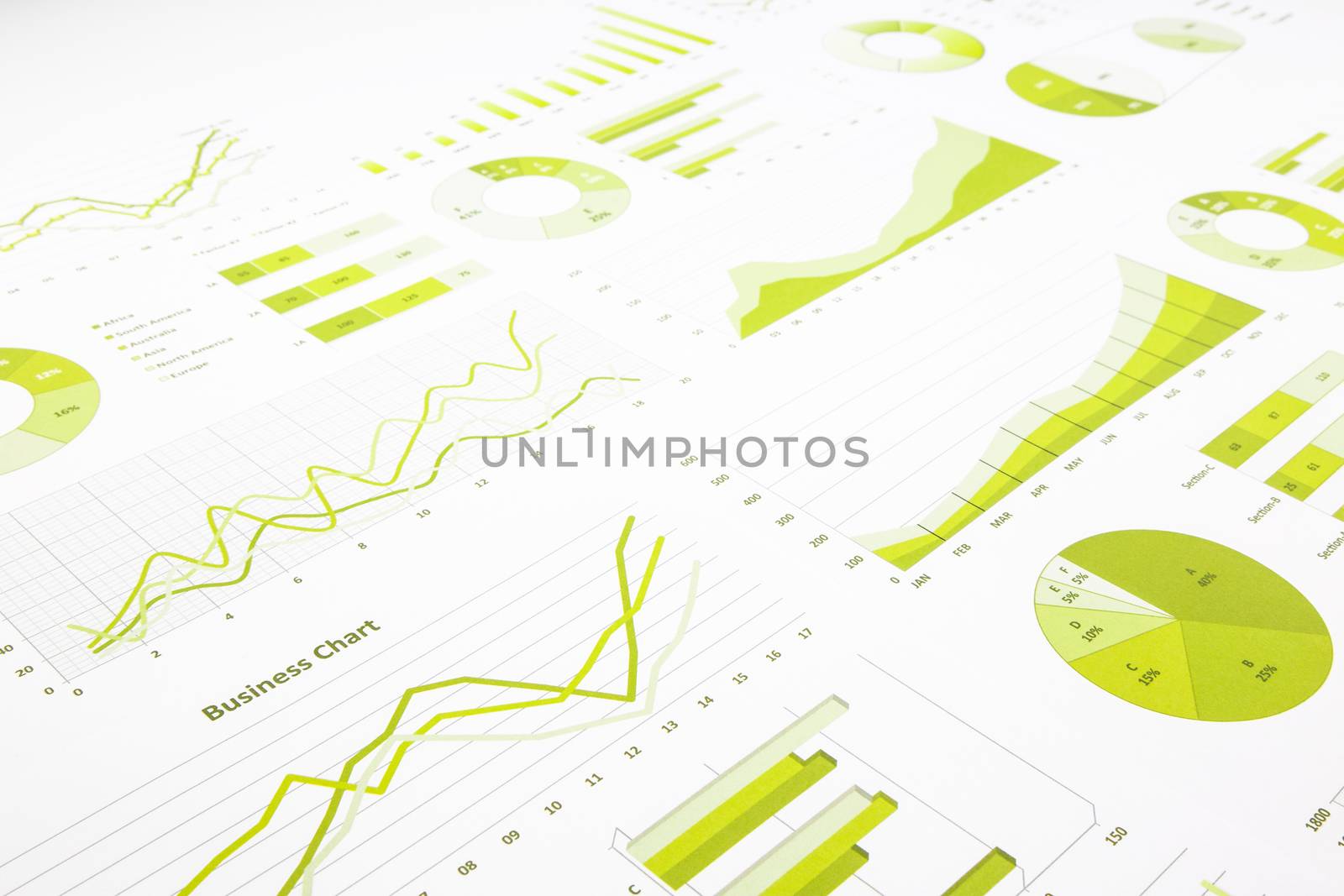 green graphs, charts, marketing research and  business annual report background, management project, and financial planning concepts