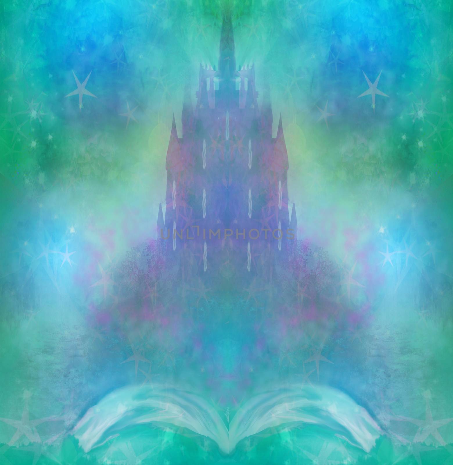 Magic world of tales, fairy castle appearing from the book