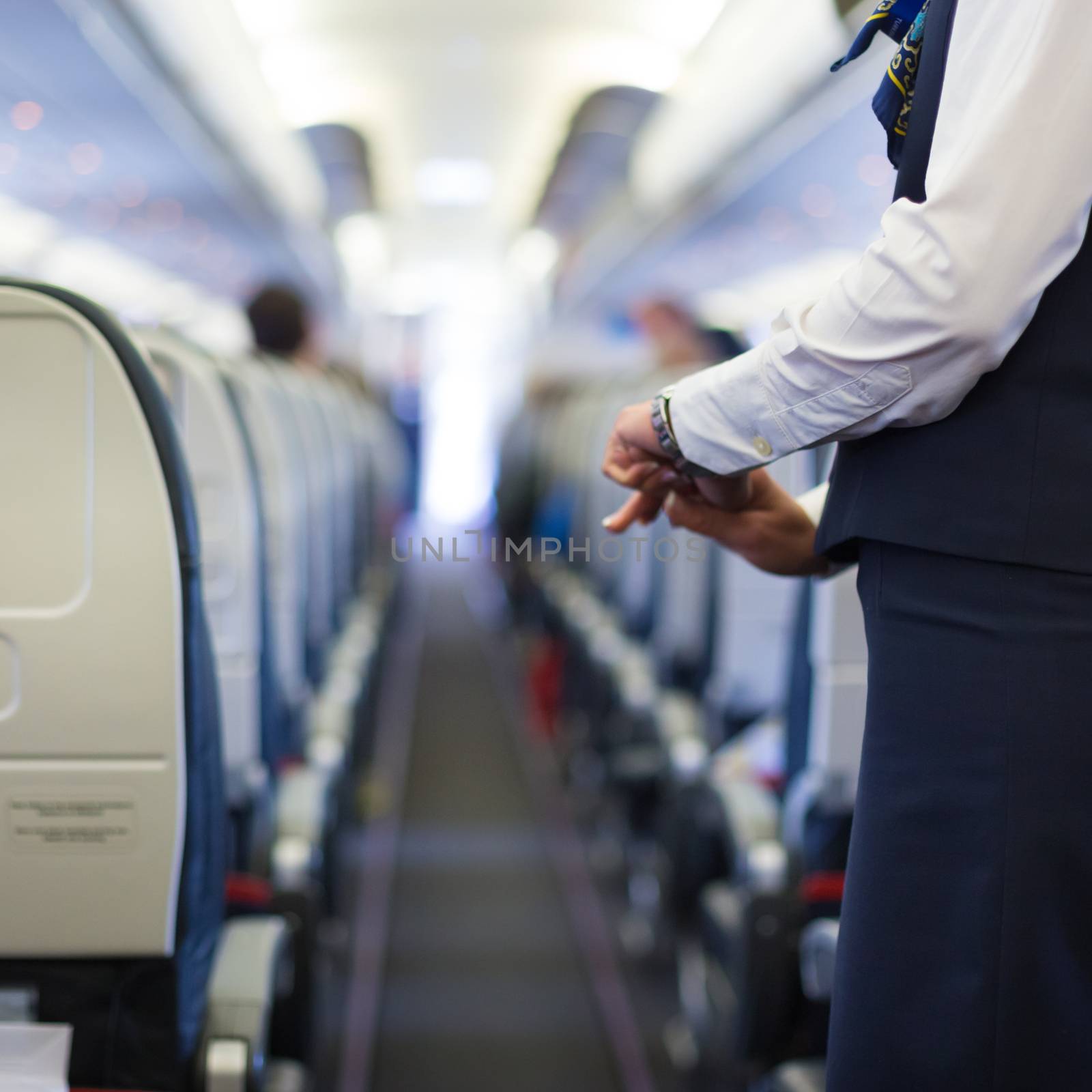 Interior of airplane with passengers on seats and stewardess in uniform waiting at the aisle. 