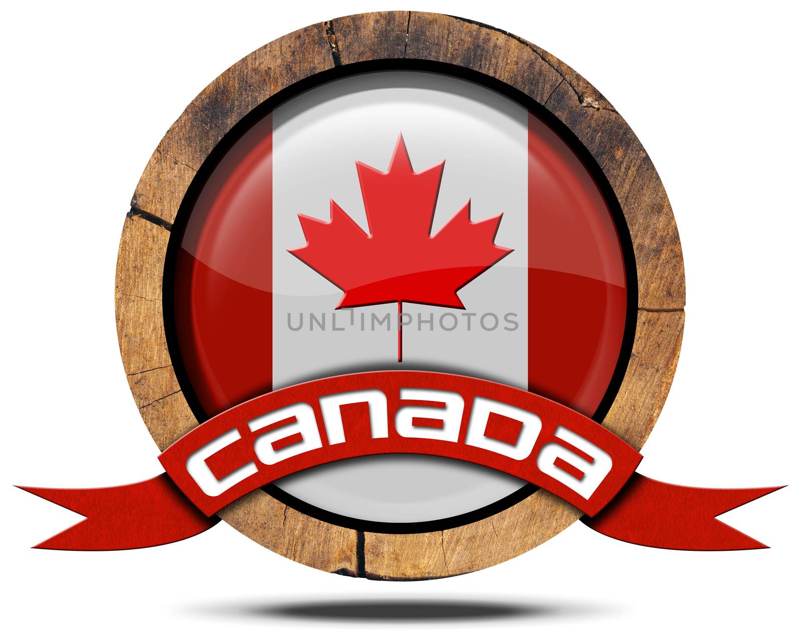 Wooden icon or symbol with Canadian flag and red ribbon with text Canada. Isolated on white background