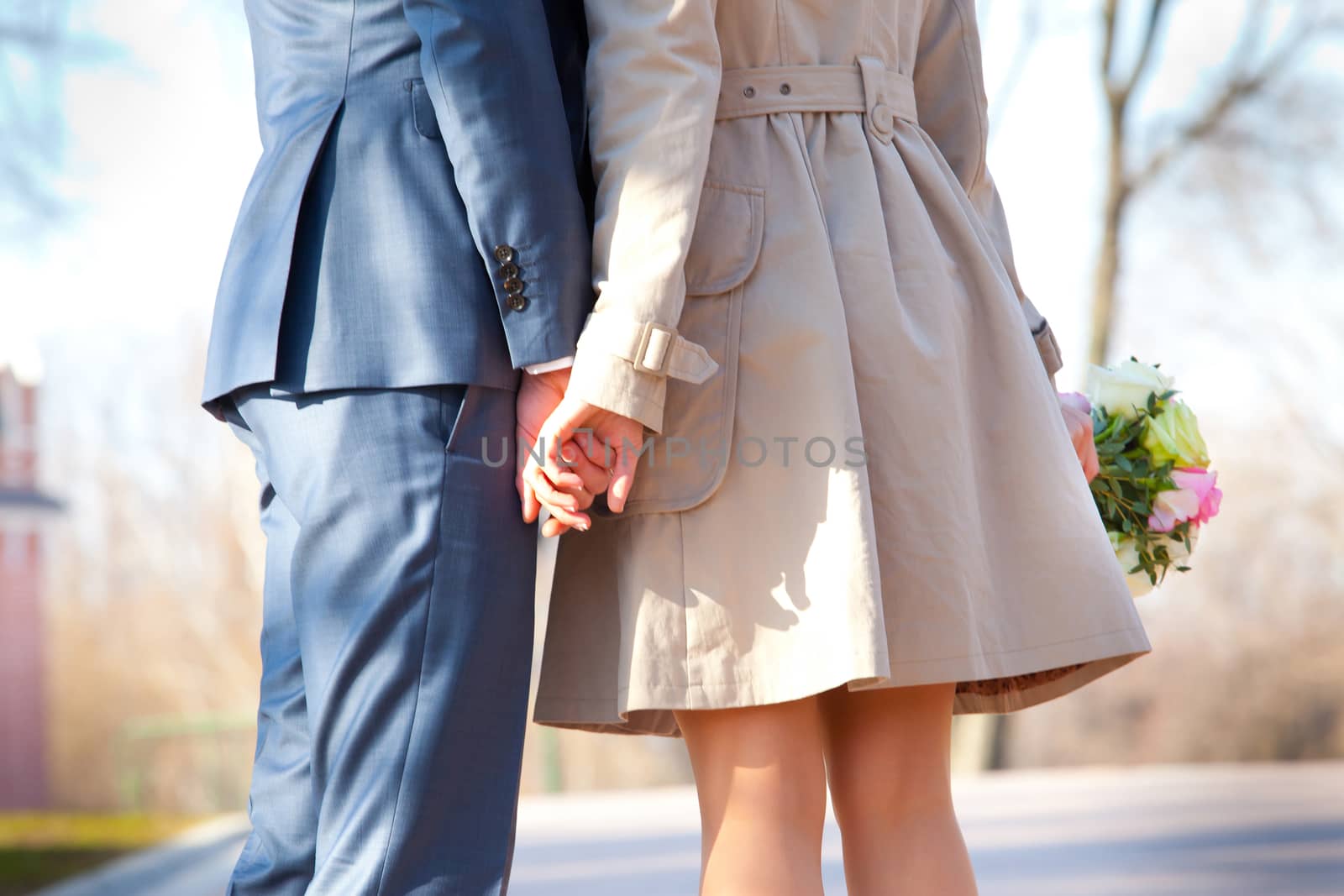 bride and groom in the spring park