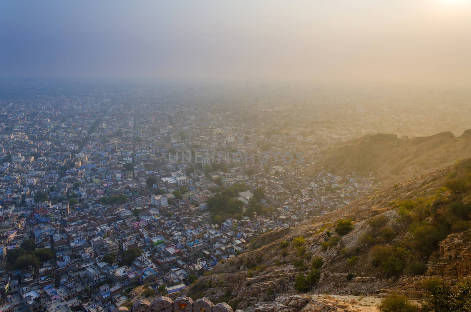 Sunset at Nahargarh fort and view to Jaipur city, Rajasthan, India 