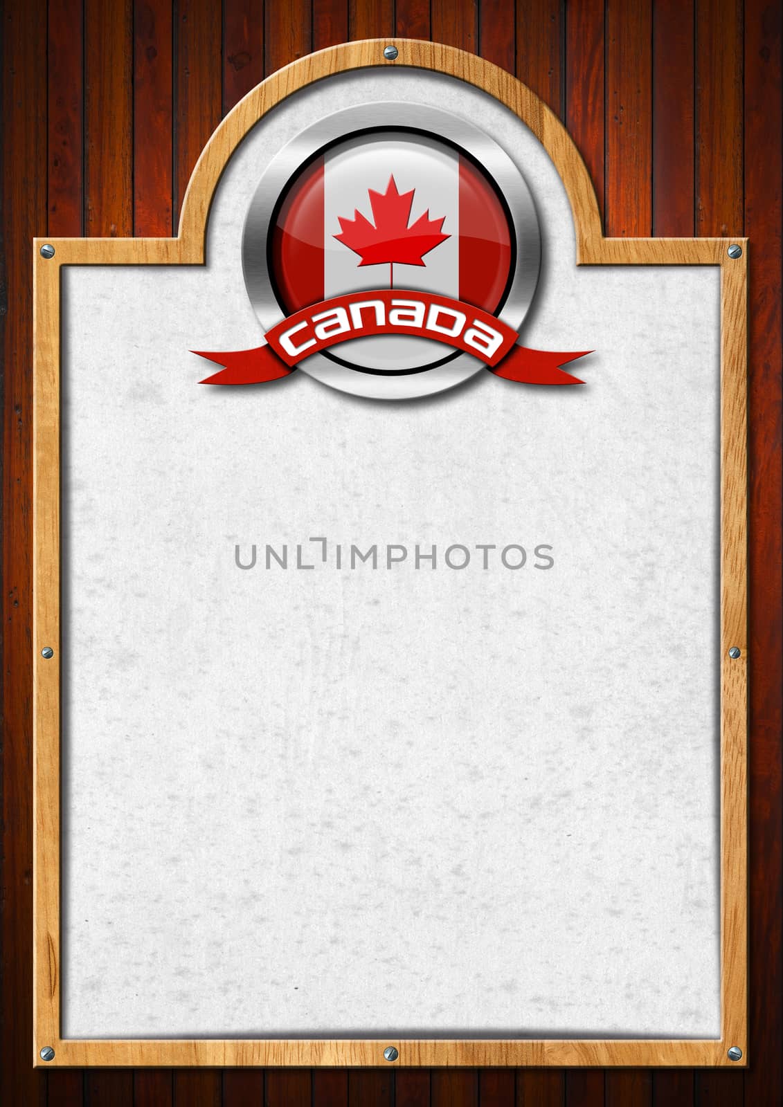 Signboard with wooden frame and symbol of Canada with Canadian flag on a wooden wall