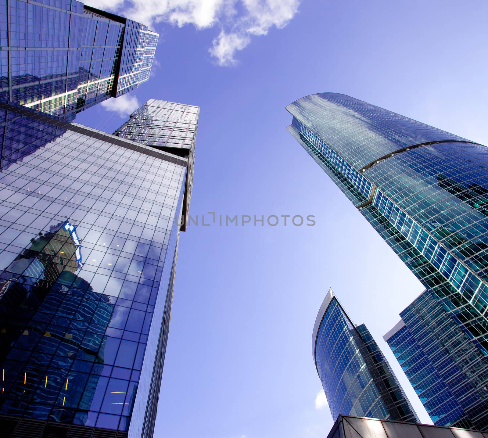 Looking up at Moscow's skyscrapers in financial district, Russia