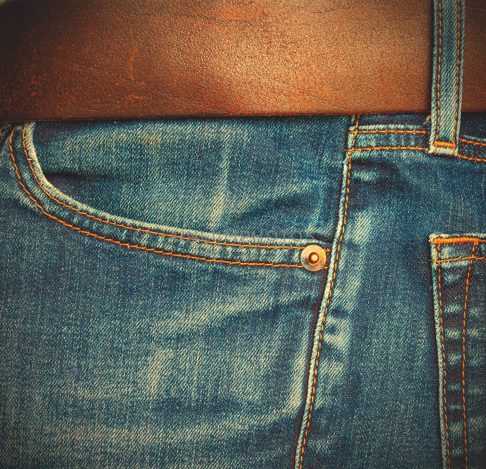 jeans with a brown leather belt, side view. instagram image style