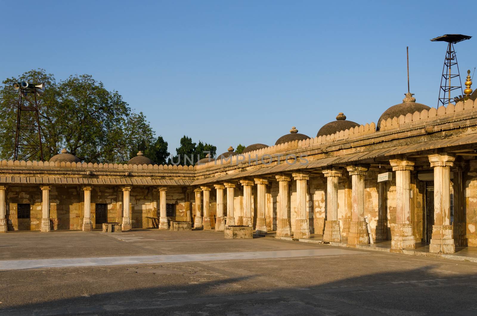 Colonnaded cloister of historic Tomb of Mehmud Begada, Sultan of Gujarat at Sarkhej Roza mosque