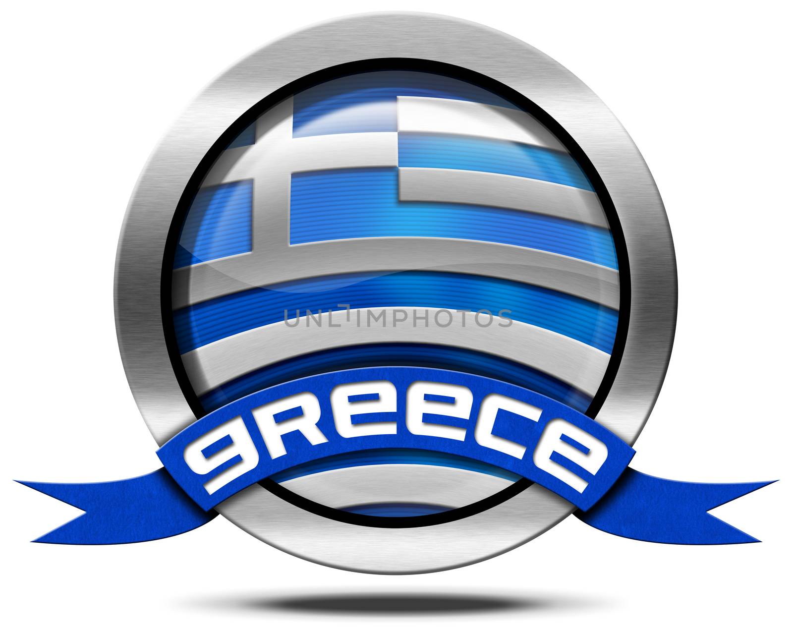 Metal icon or symbol with Greek flag and blue ribbon with text Greece. Isolated on white background