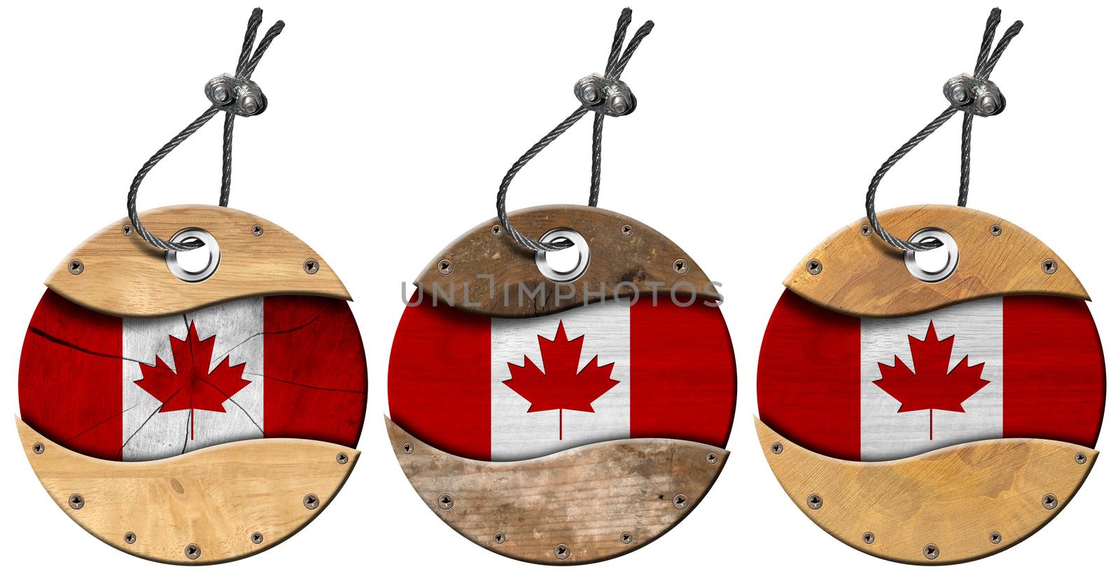 Four wooden labels with Canadian flags with steel cable. Isolated on white background