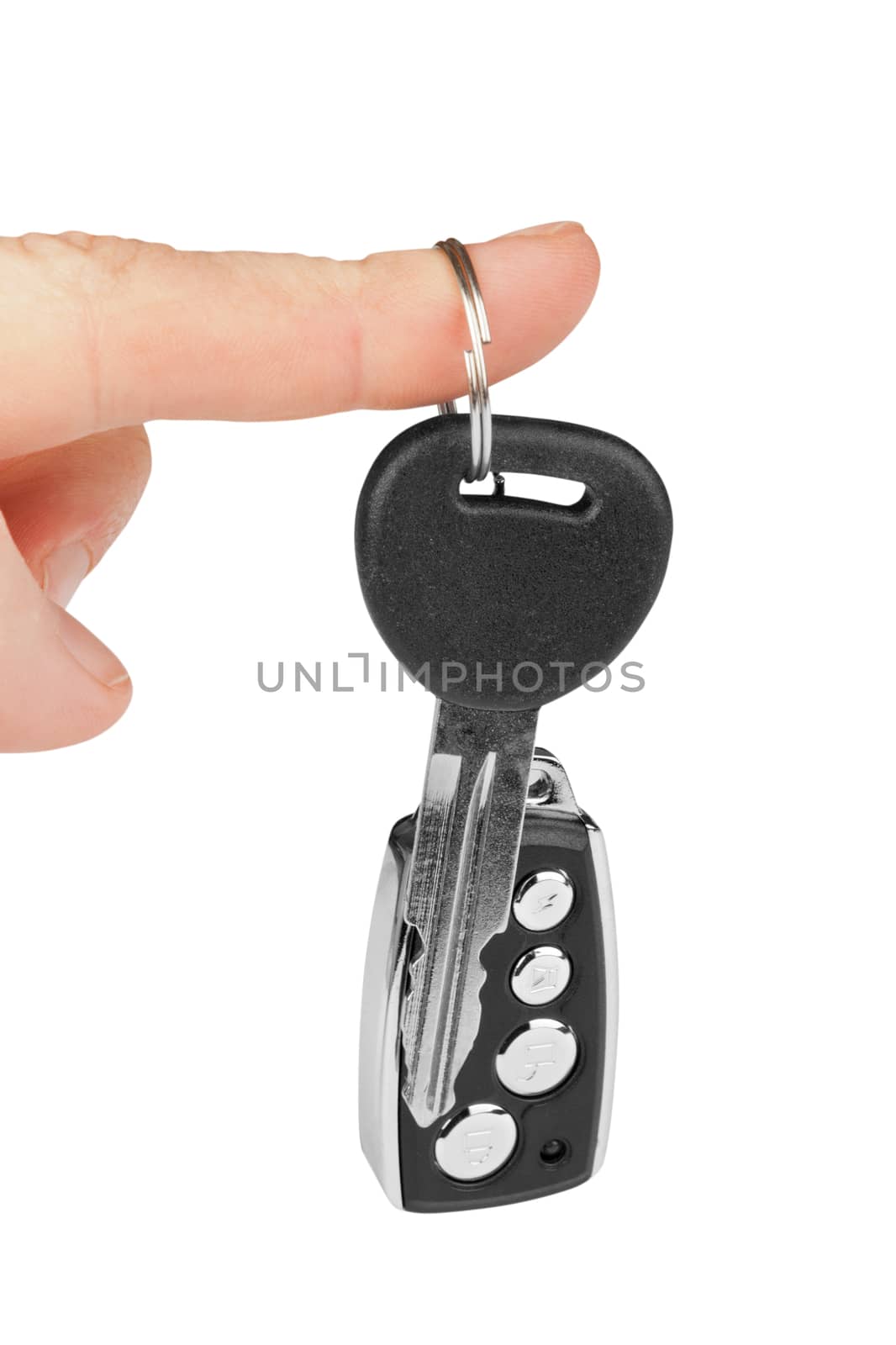 car key with alarm in finger isolated