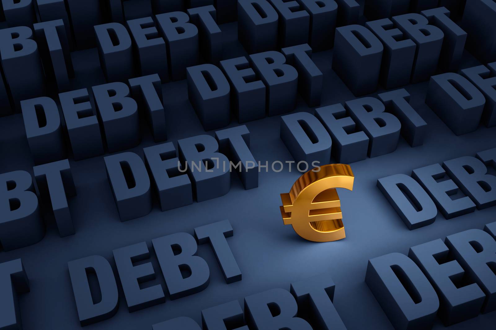 A small, gold Euro sign stands in a dark background of gray "DEBT" rising up around it.