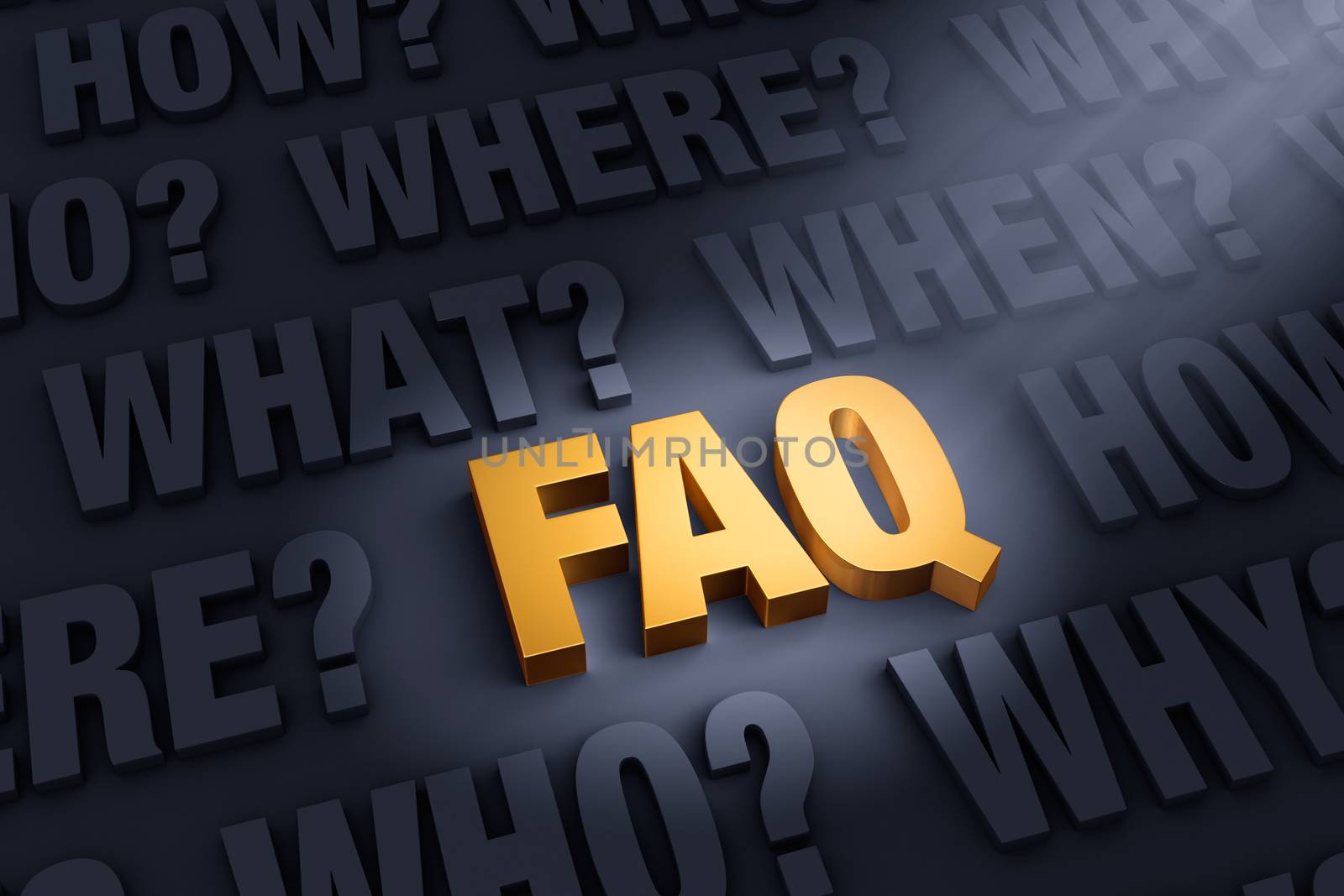 A spotlight illuminates a bright, gold "FAQ" a dark background filled with "WHO?", "WHAT?", "WHEN?", "WHERE", "HOW?", and "WHY?" 