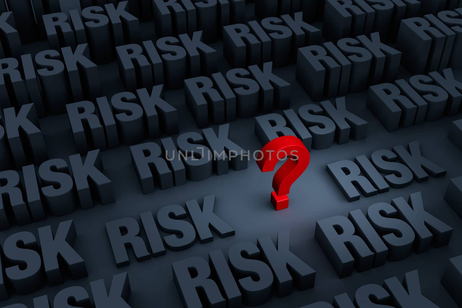 A small red "?" stands out in a dark background of gray "RISK" rising up around it.