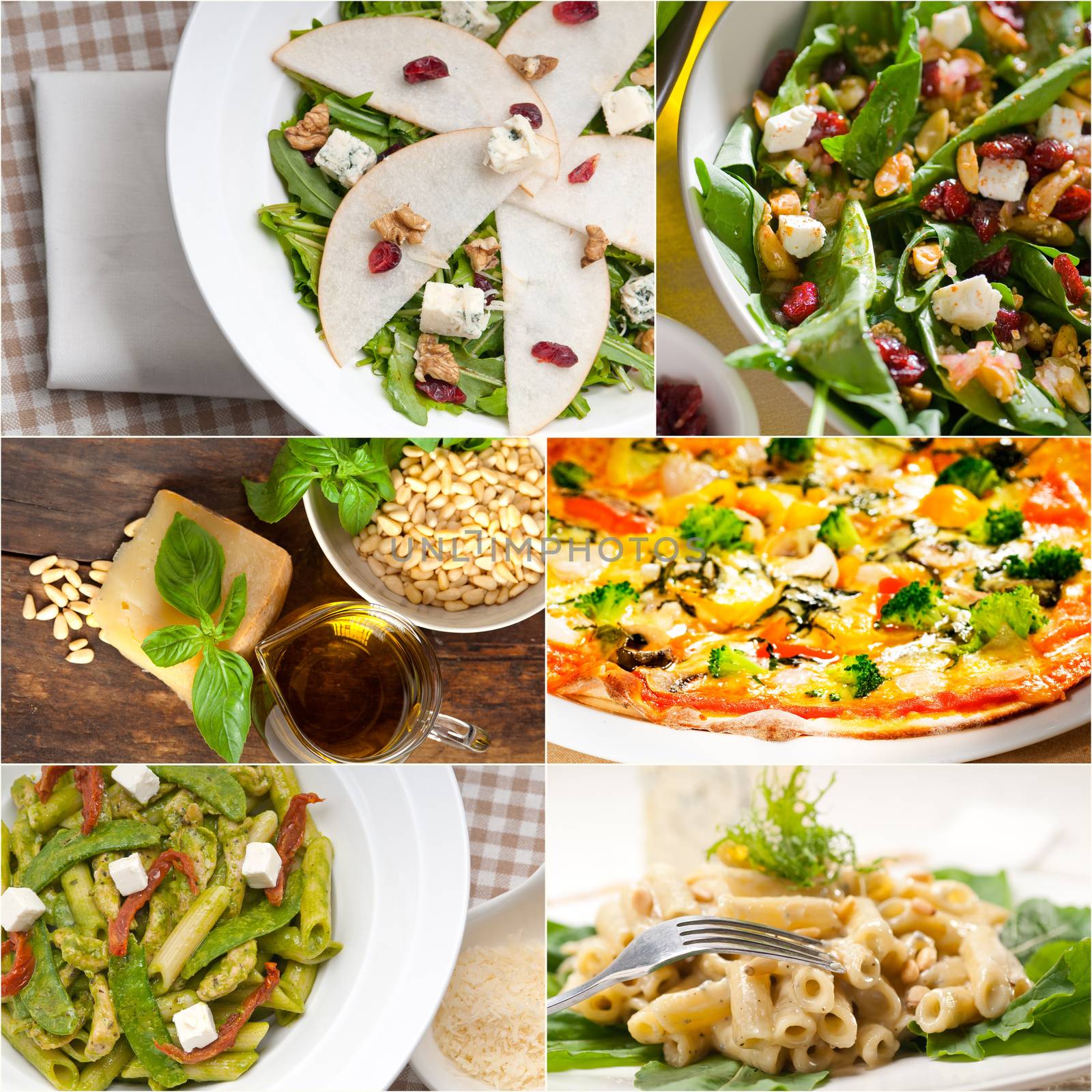 healthy vegetarian pasta soup salad pizza Italian food staples collage