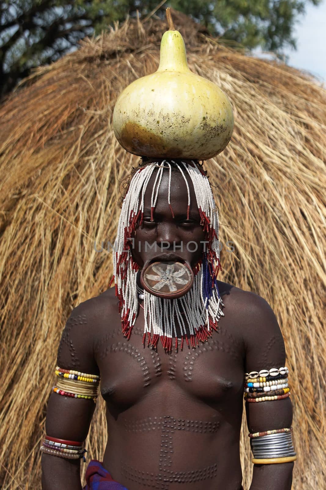 JINKA, ETHIOPIA - NOVEMBER 21, 2014: Mursi woman with traditional lip plate and tattoos on November 21, 2014 in Jinka, Ethiopia.