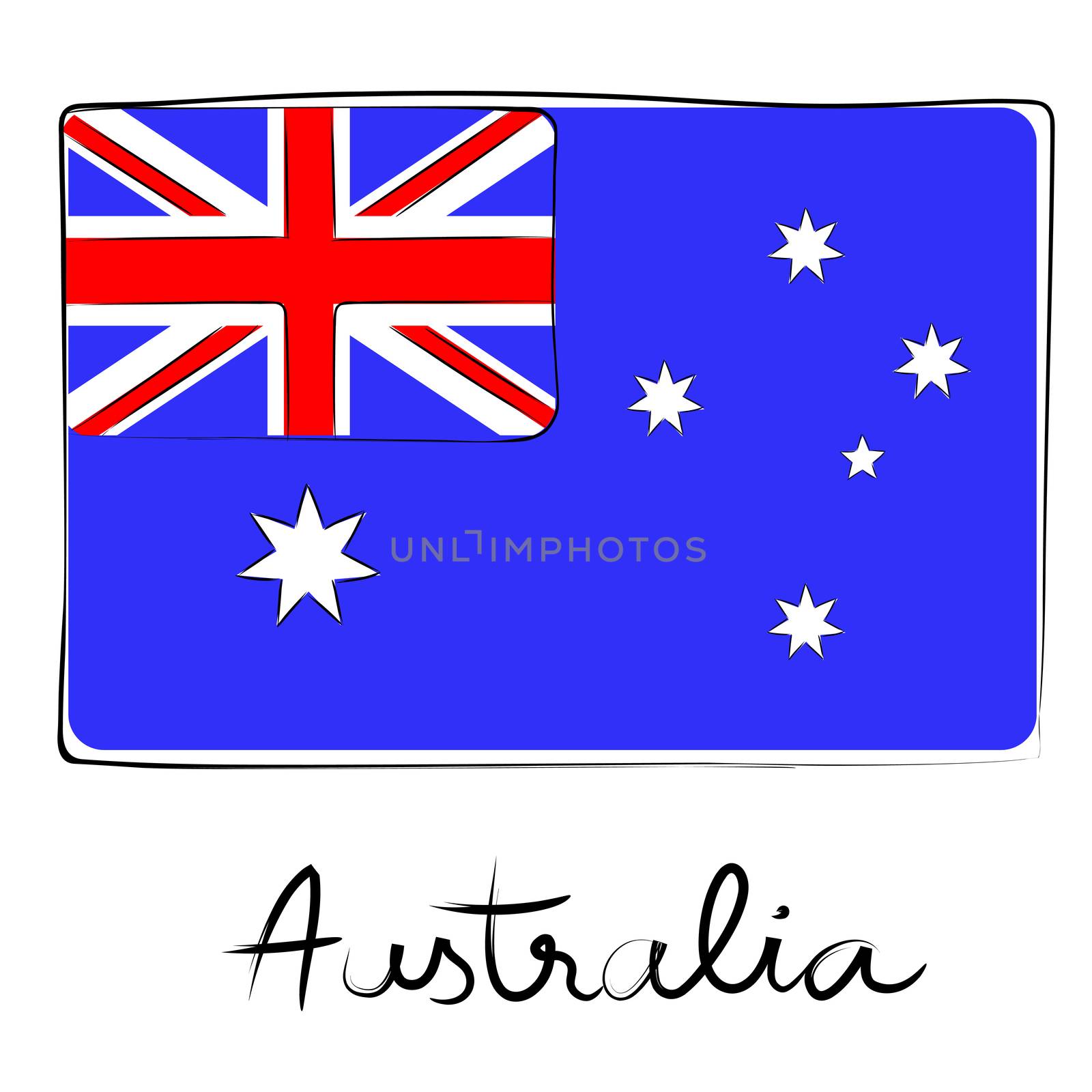 Australia country flag doodle with text isolated on white