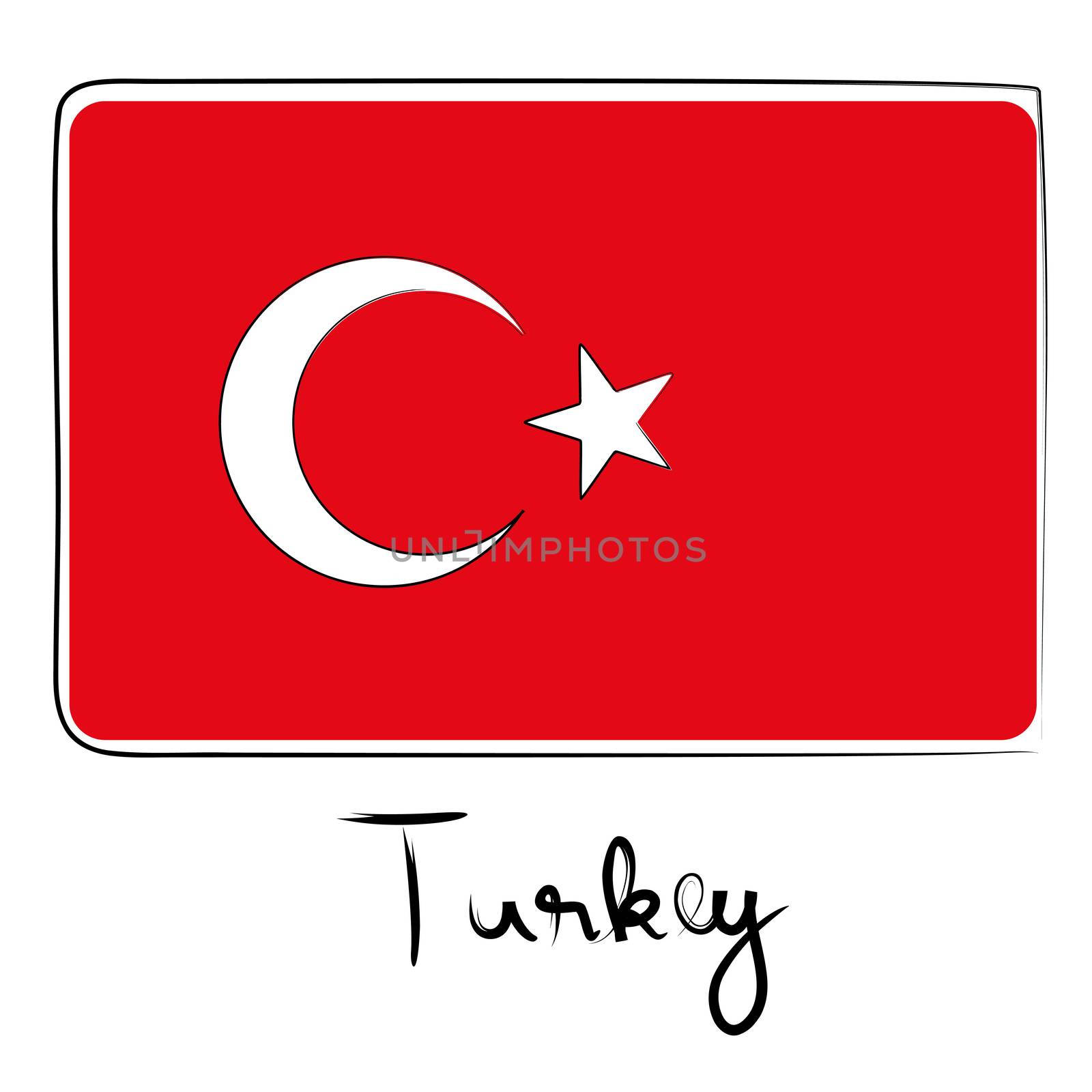 Turkey country flag doodle with text isolated on white