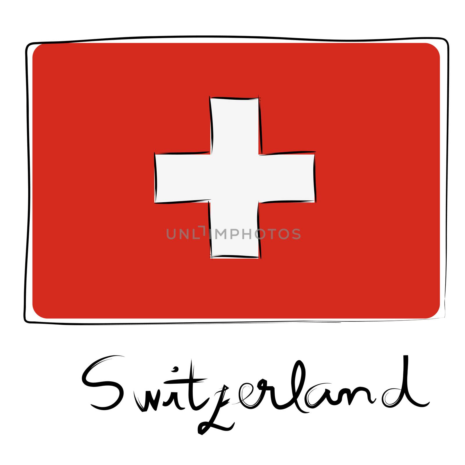 Switzerland country flag doodle with text isolated on white