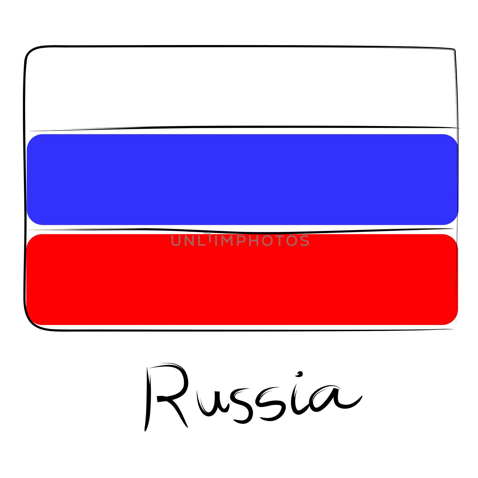 Russia country flag doodle with text isolated on white