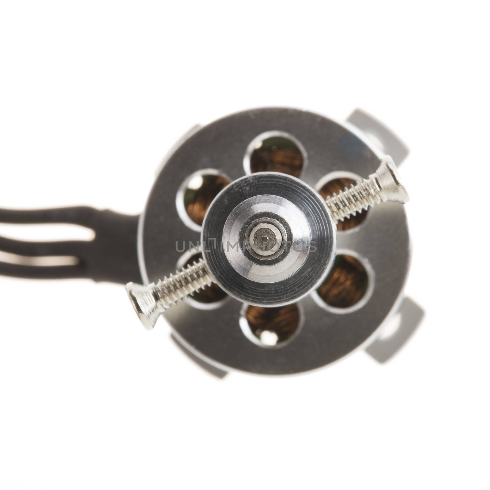 Small Brushless motor for model airplane or drone with propeller mount.