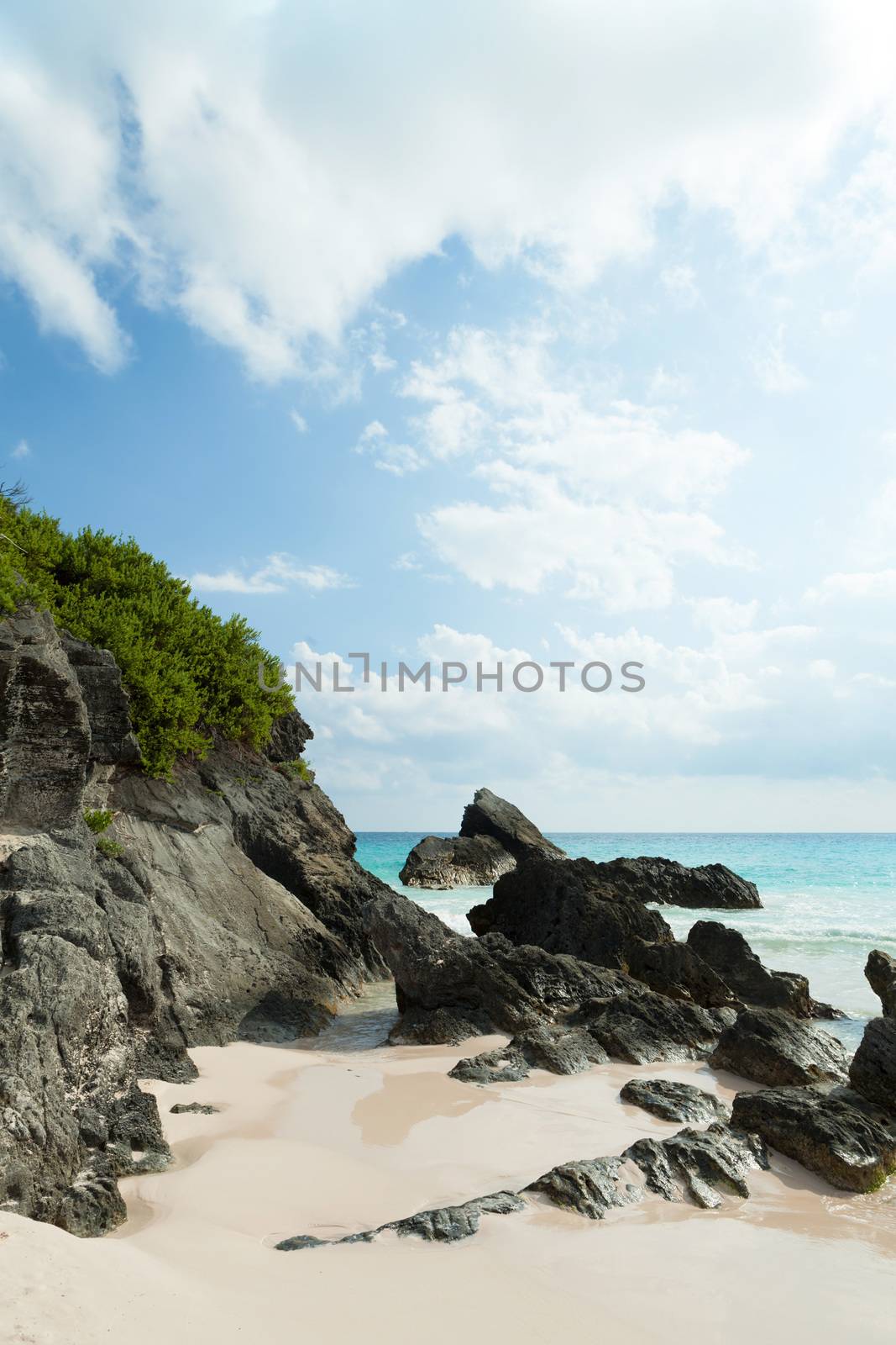 Bermuda Horseshoe Bay beach scene empty without any tourists.