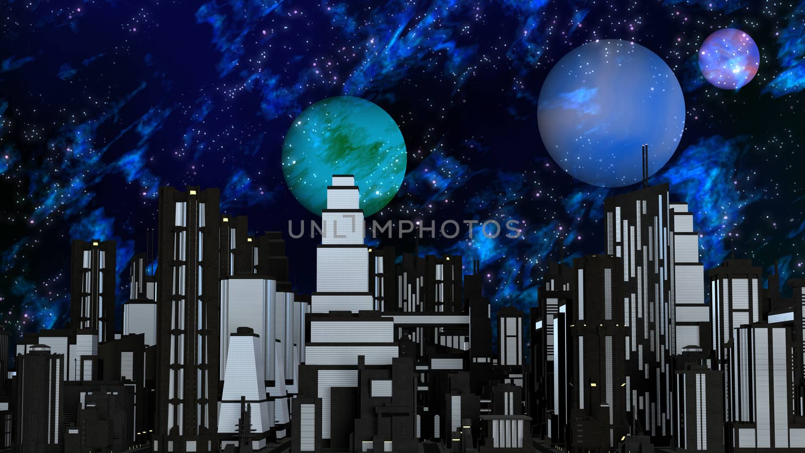 Night futuristic city scene with three planets and stars