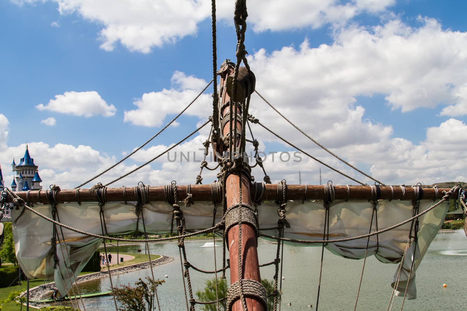 Close up view of pirate ship in park.