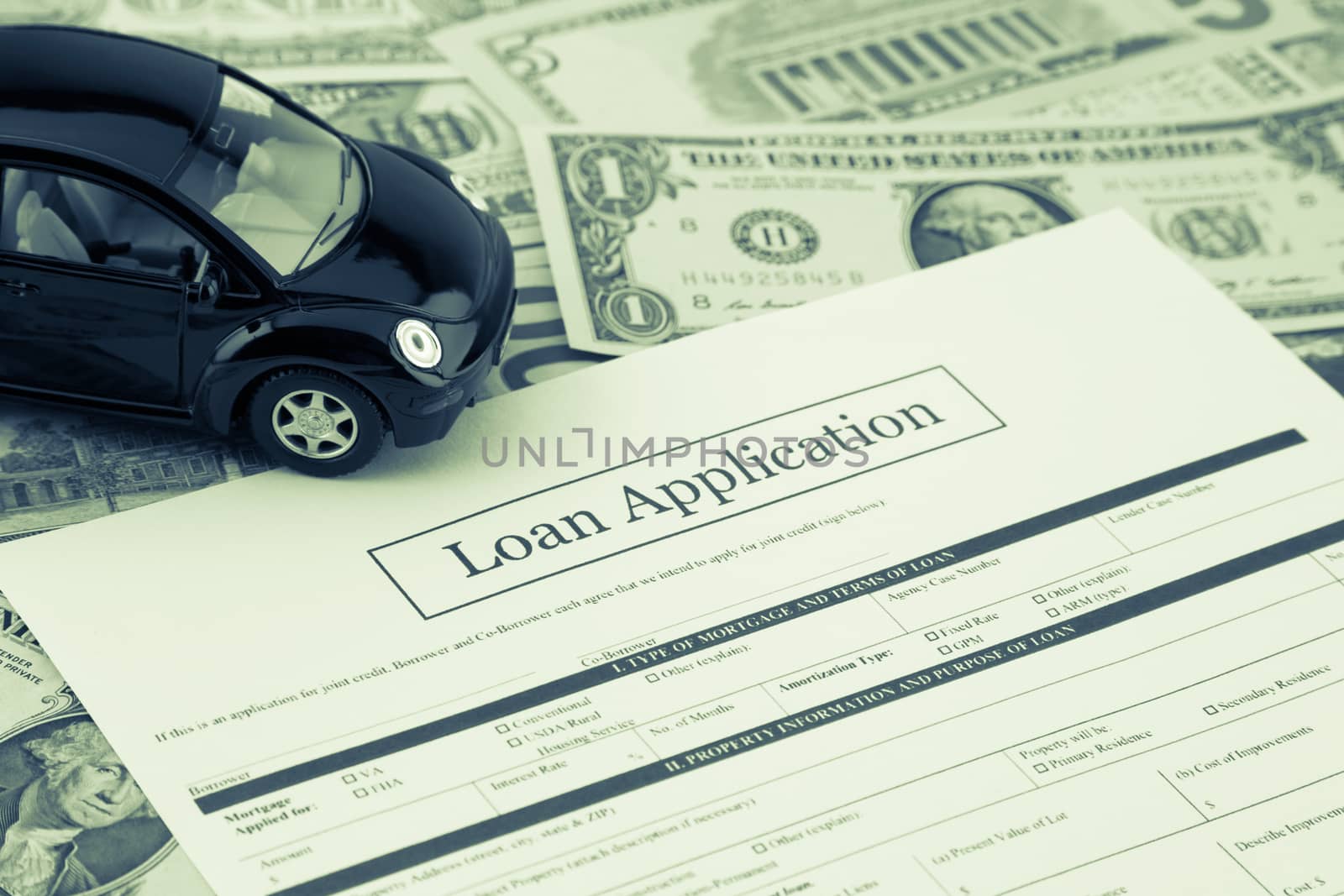 Loan application form with car and money, Sepia toned by vinnstock