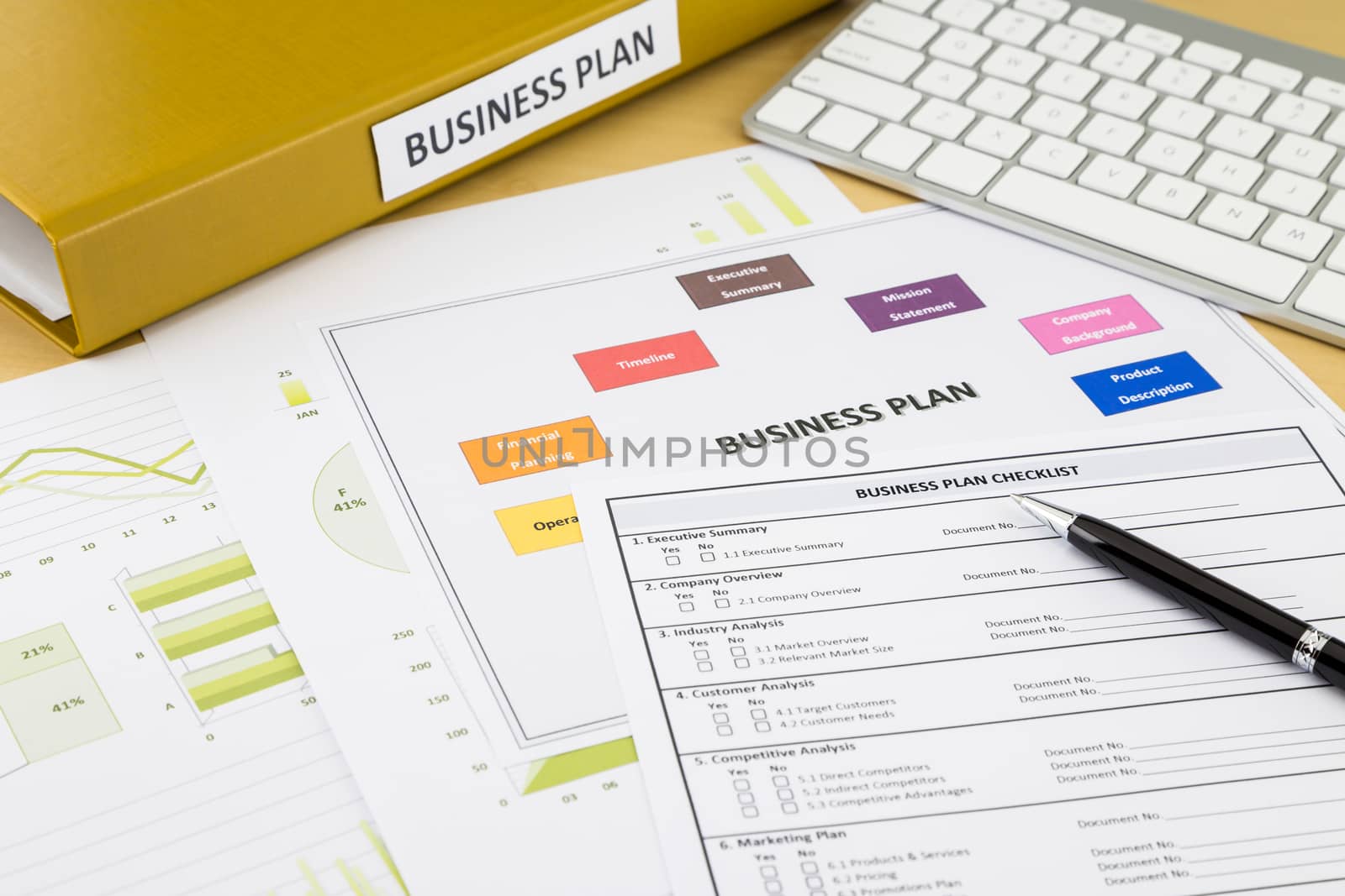 Business plan checklist and documents place on workspace