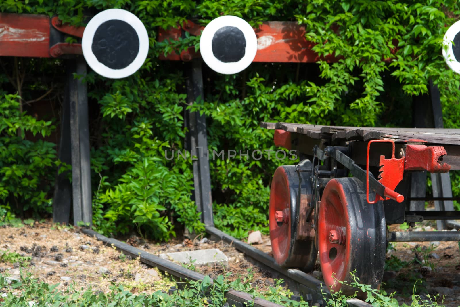 Close up view of wagonette on end of railway.
