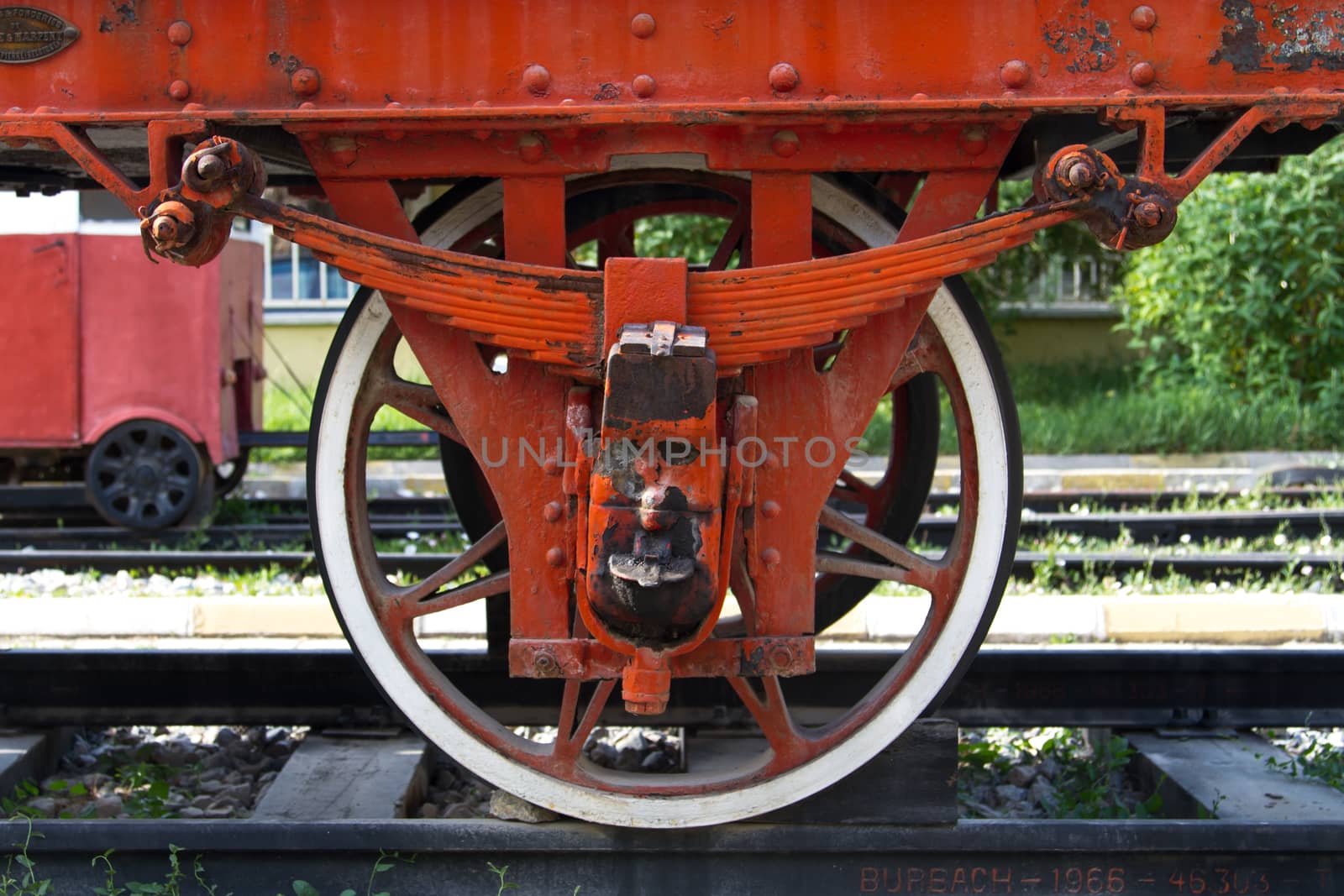 Close up view of wheel of train on railway.