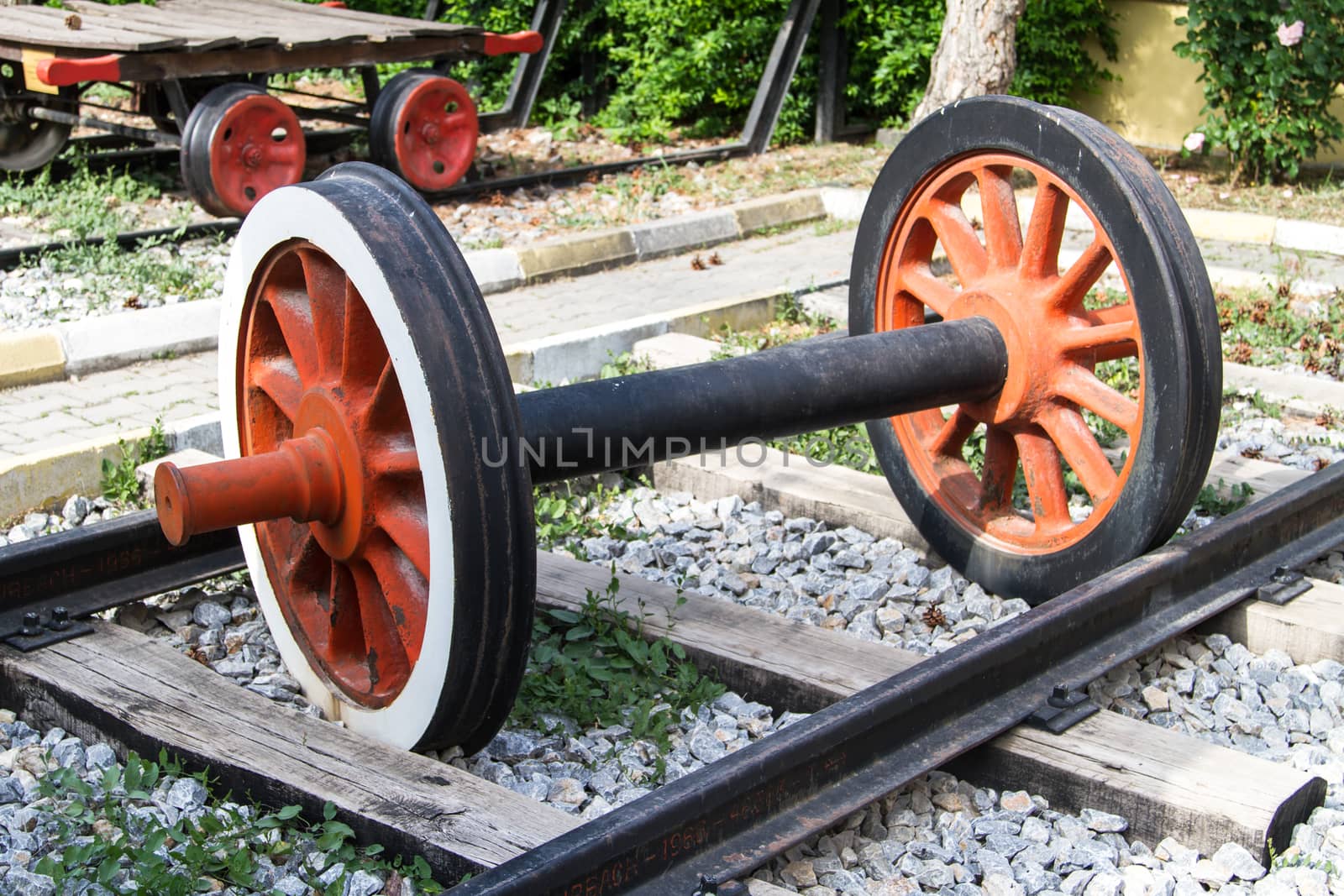 Close up view, wheel of train on railway.