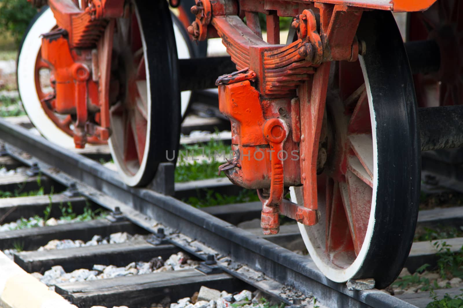 Close up view of wheel of train on railway.