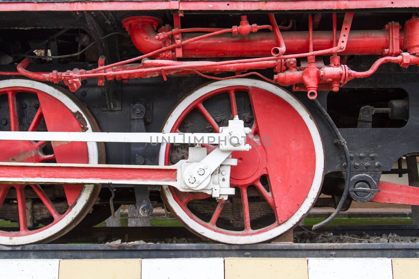Close up view of wheel of train on railway.