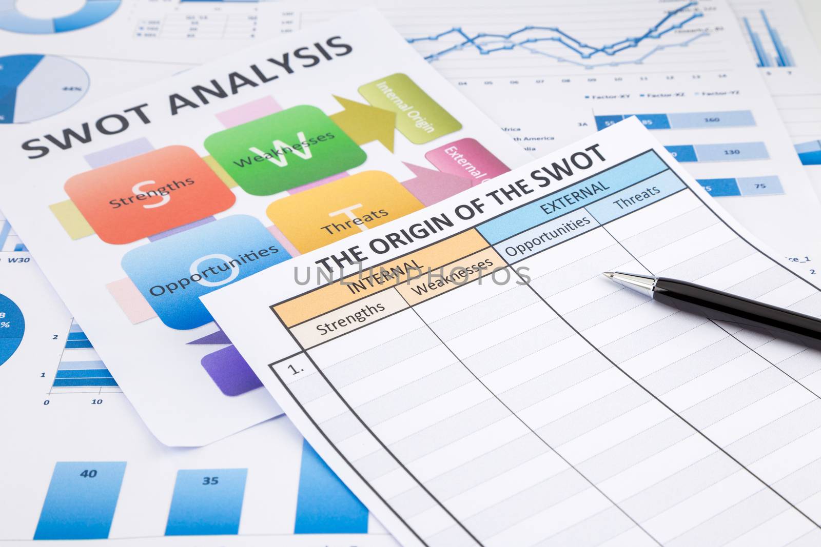 Blank form of SWOT analysis, colorful chart, graphs and documents   for marketing and business
