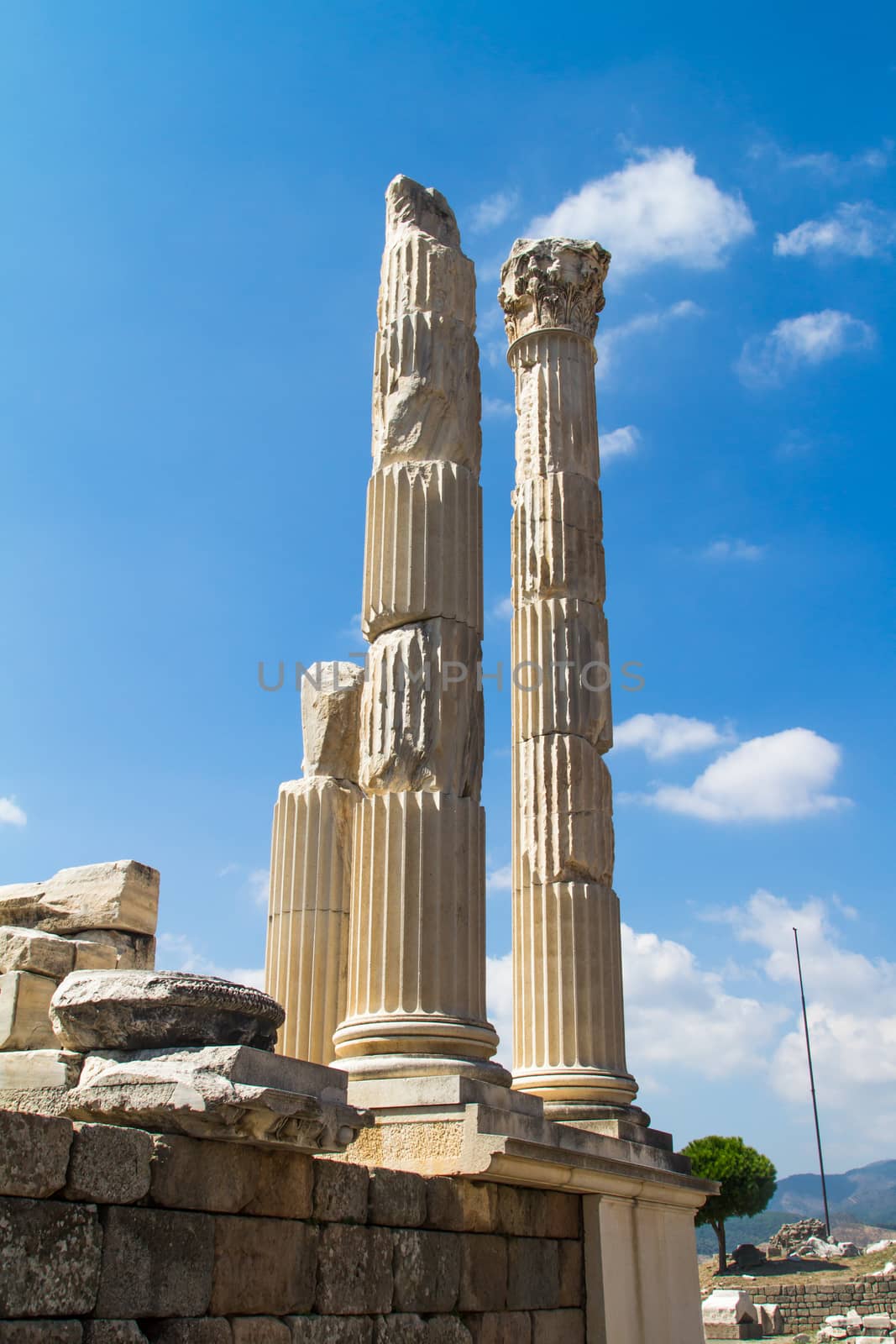 Ruins of temple of Trajan in Pergamon ancient city, Turkey