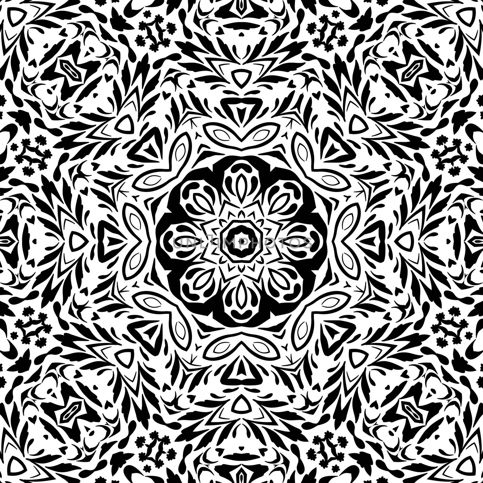 Seamless floral pattern, black contours isolated on white background. 