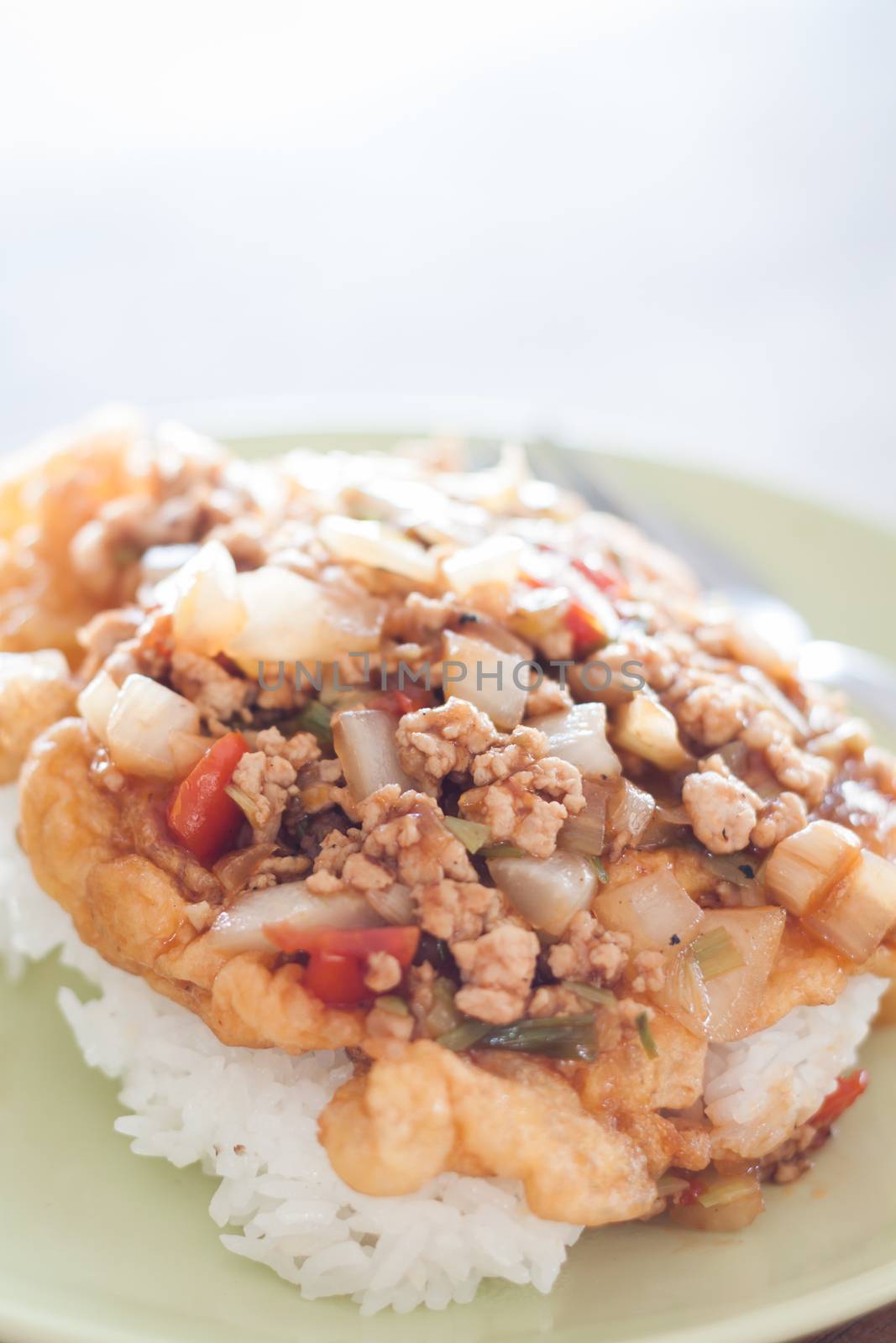 Fried pork with tomato sauce topping on fried egg, stock photo