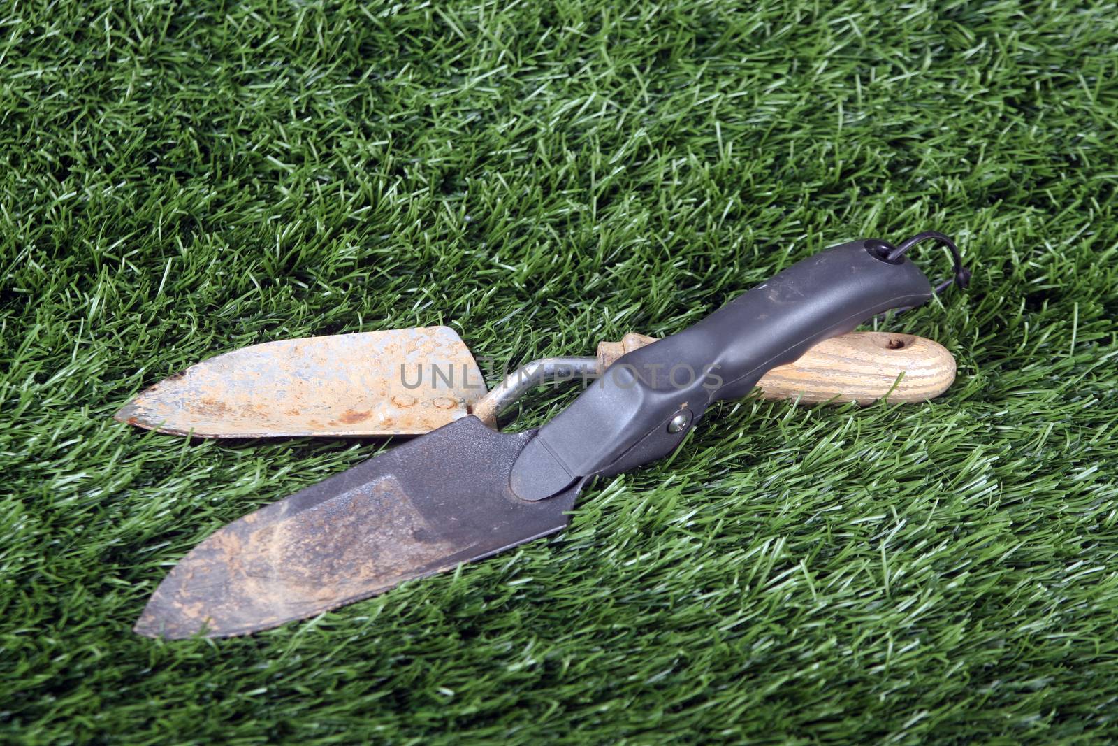 Used gardening tools lying in the grass.