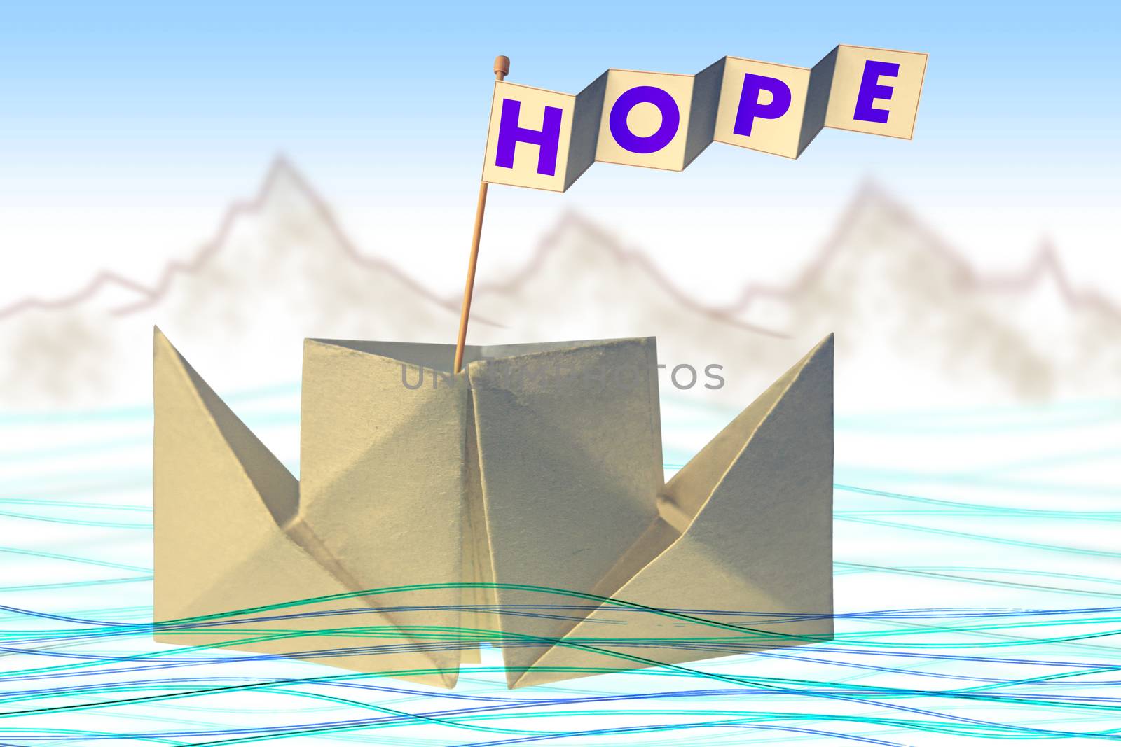 Origami paper boat with flag writing HOPE