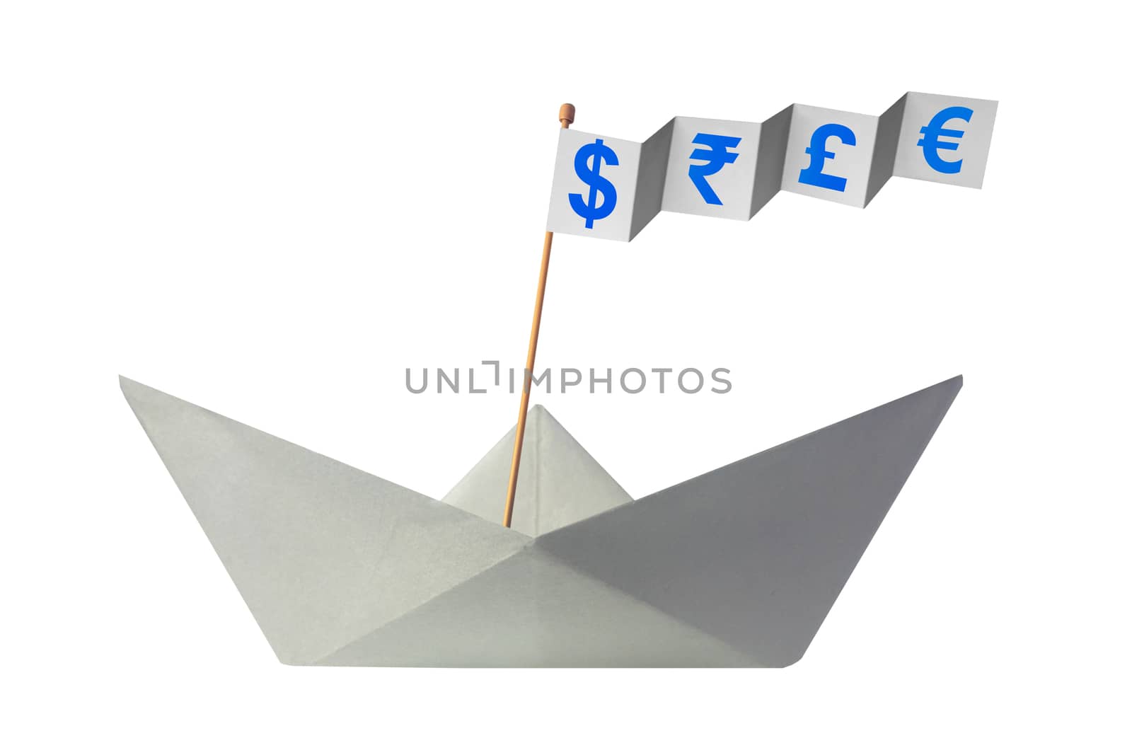 Origami paper boat with flag writing different currency signs by yands