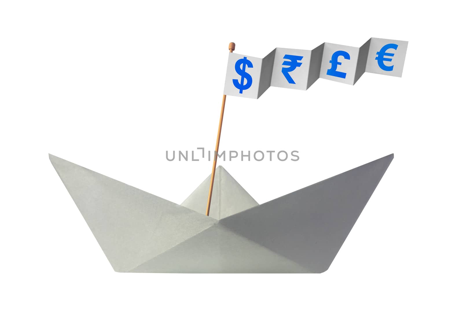 Origami paper boat with flag writing different currency signs