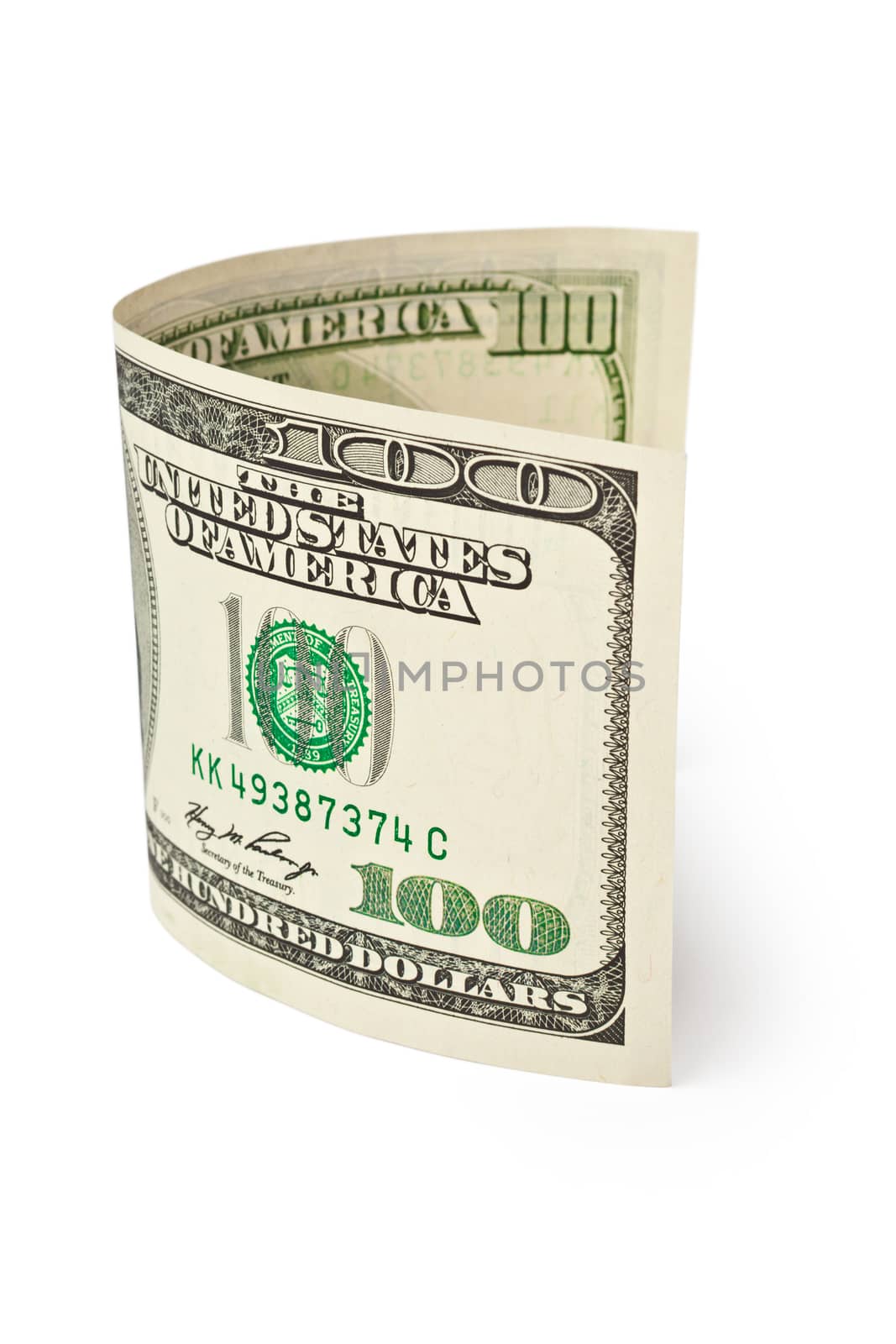 one hundred dollar bill isolated on white
