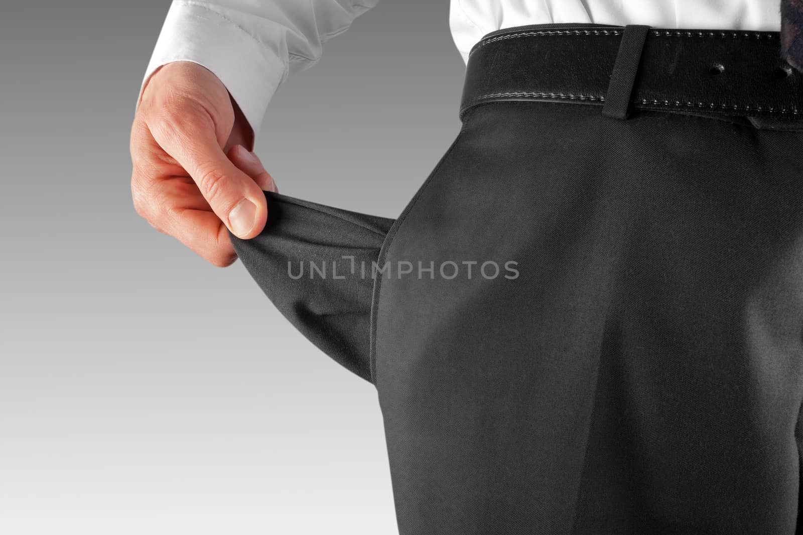 bankrupt business man showing empty pocket  hand