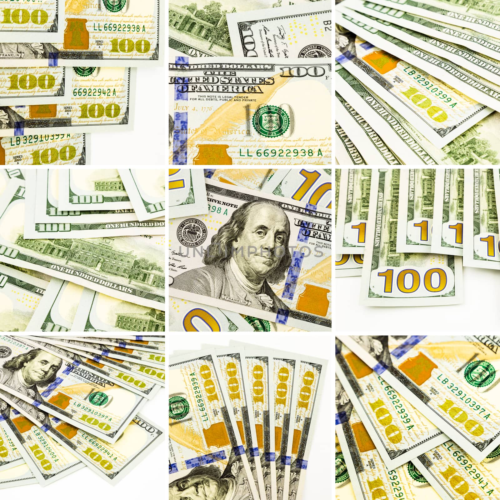 Currency, money, 100 new dollar banknotes collection theme images, collage set of nine photos