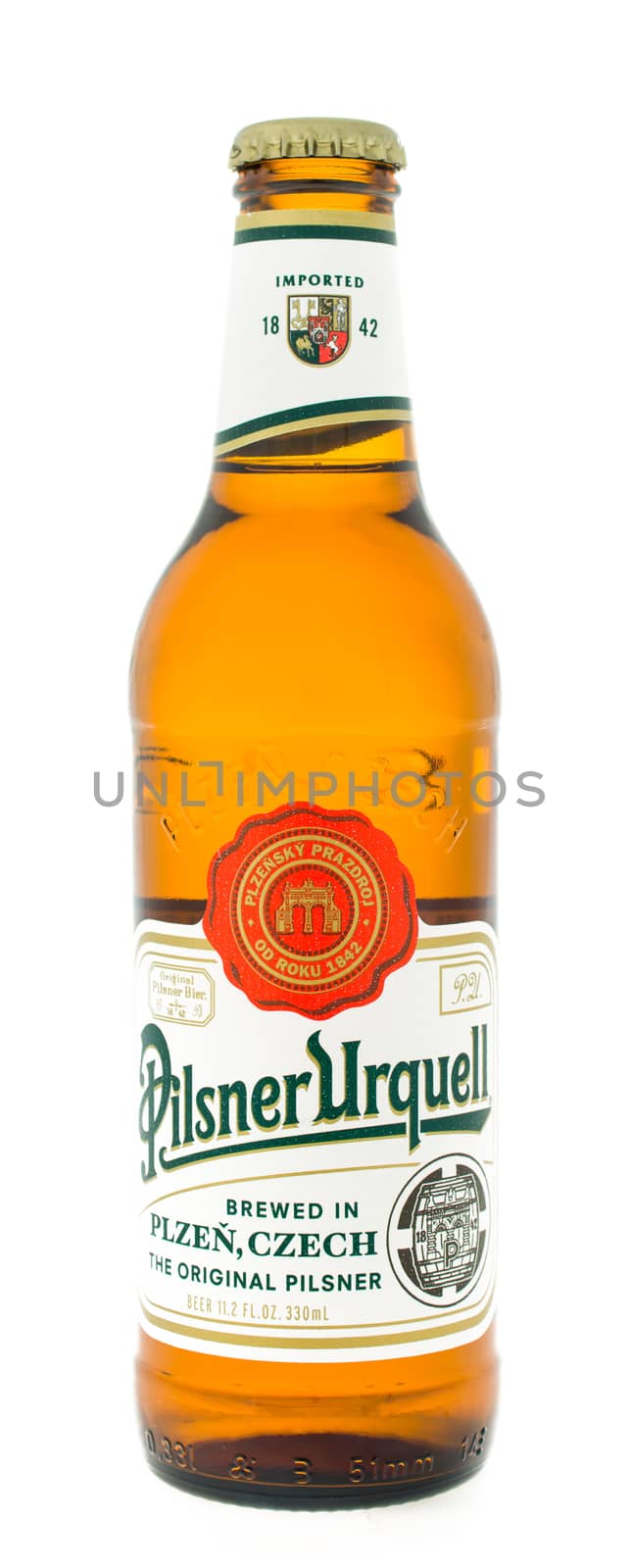 Winneconne, WI - 3 February 2015:  Pilsner Urquell beer was first brewed in 1842 and located in Plzen, Czech Republic.