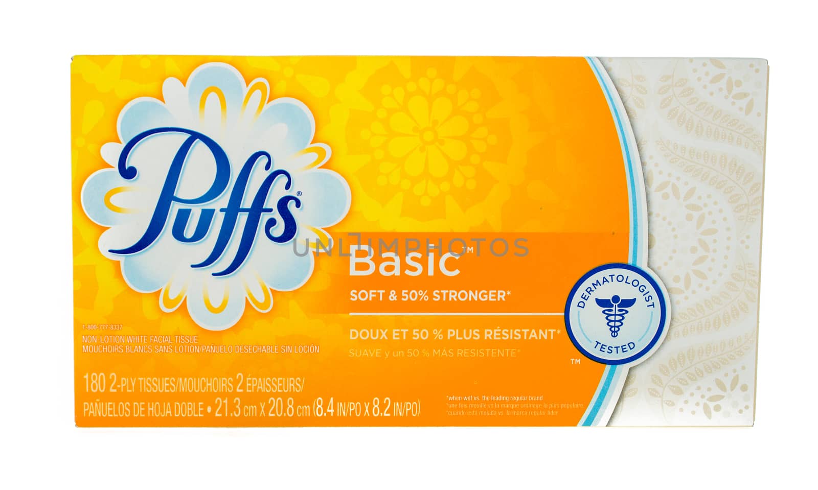 Winneconne, WI - 4 February 2015: Package of Pufss Basic facial tissue.  Puffs was first created in 1950's and didn't be cine nationaly available till the 1980's.