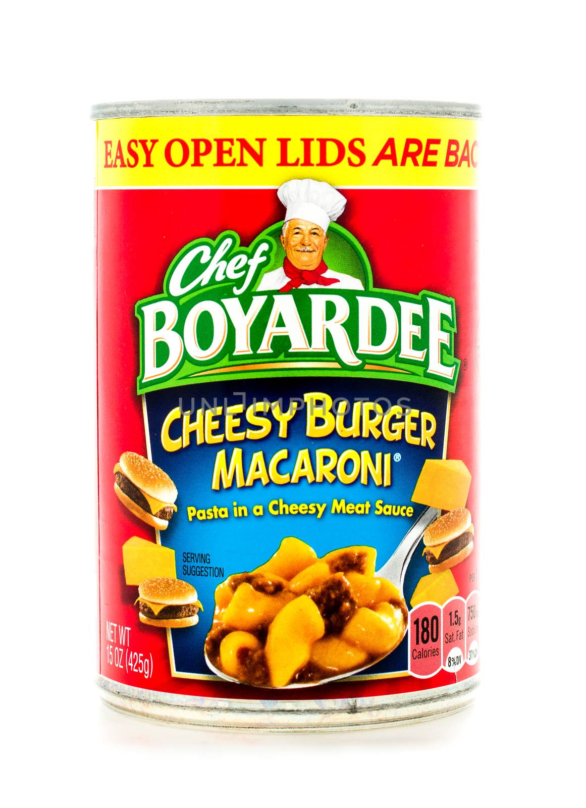 Winneconne, WI - 3 February 2015:  Can of Cheesy Burger Macaroni by Chef Boyardee. Chef Boyardeee has been enjoyed by everyone since 1928.