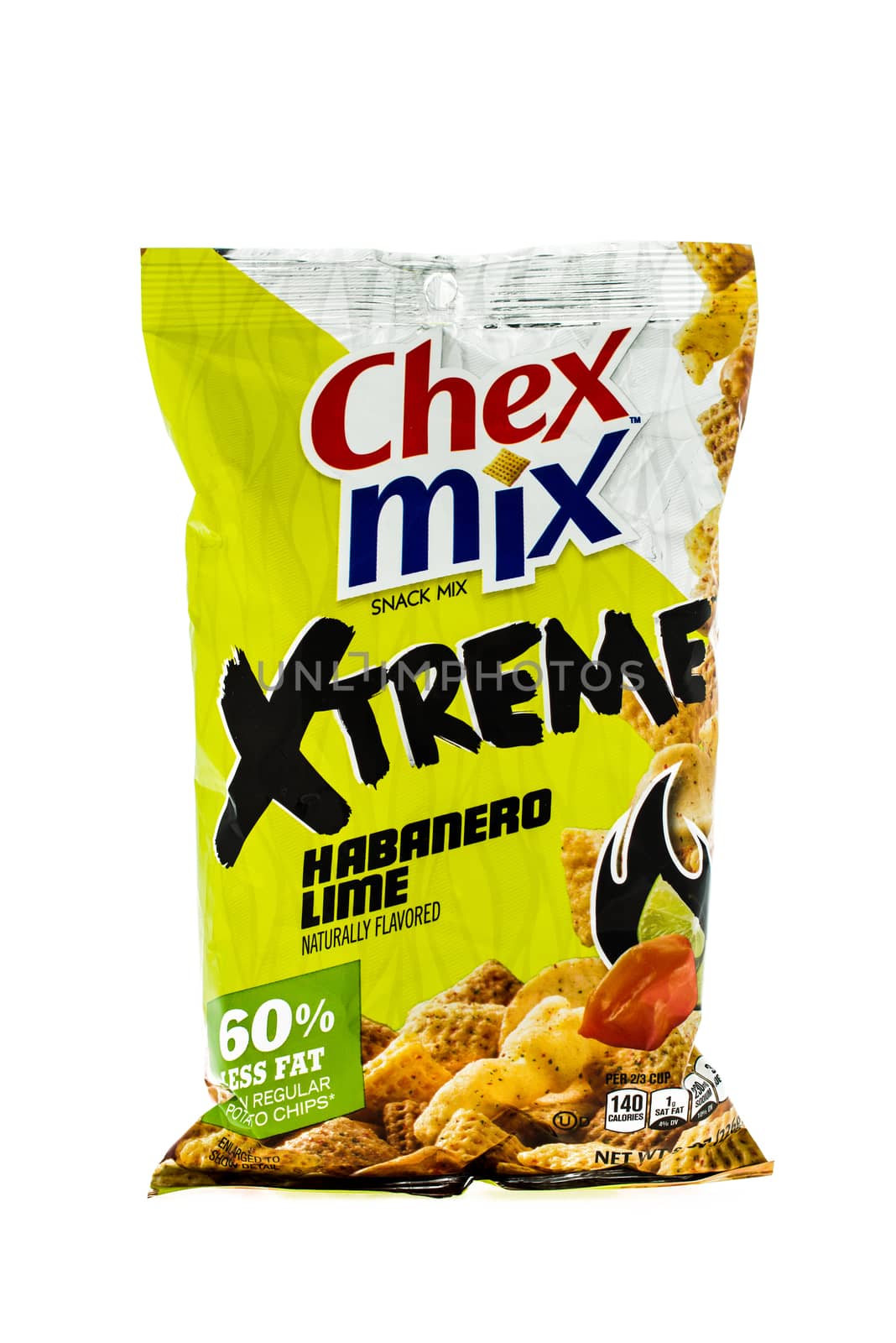 Winneconne, WI - 4 February 2015: Bag of Chex Mix Xtreme Habanero Lime snack mix. Created in 1985 as pre-packaged and is now owned by General Mills.